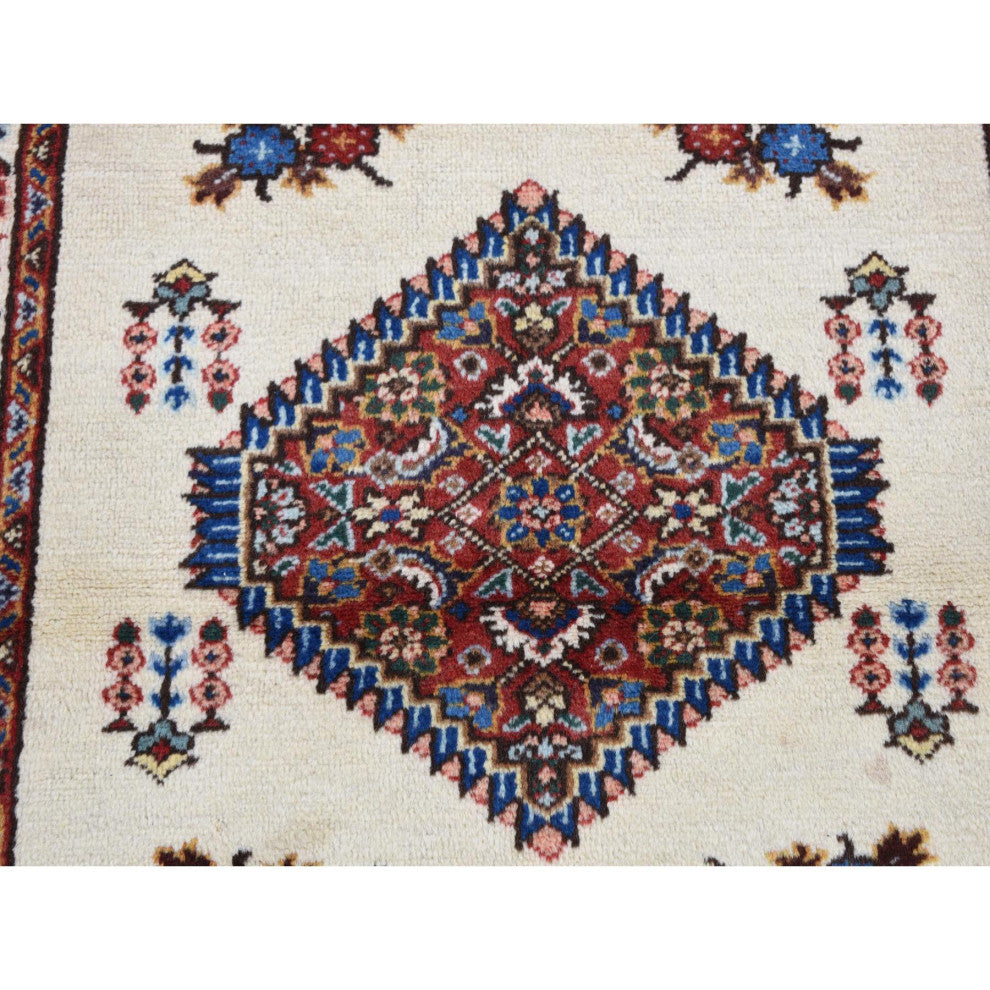 Ivory New Bohemian Karabakh Pure Wool Hand Knotted Rug 3'3" x 4'3"