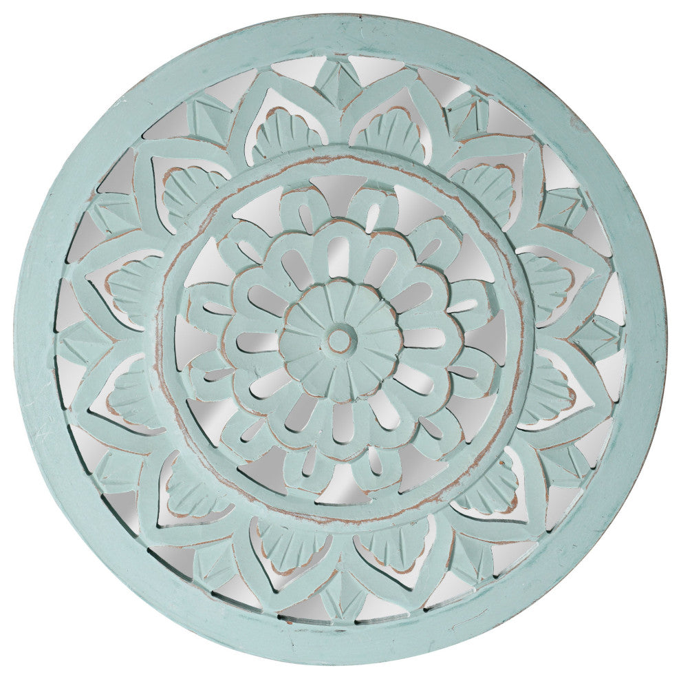 Distressed Reflective Round Green Floral Wood Wall Art Medallion - 16"