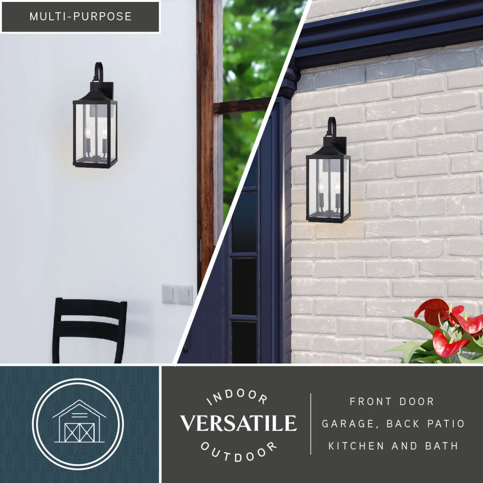 Old Town 2-Light Textured Black Transitional Outdoor Wall Lantern Clear Glass