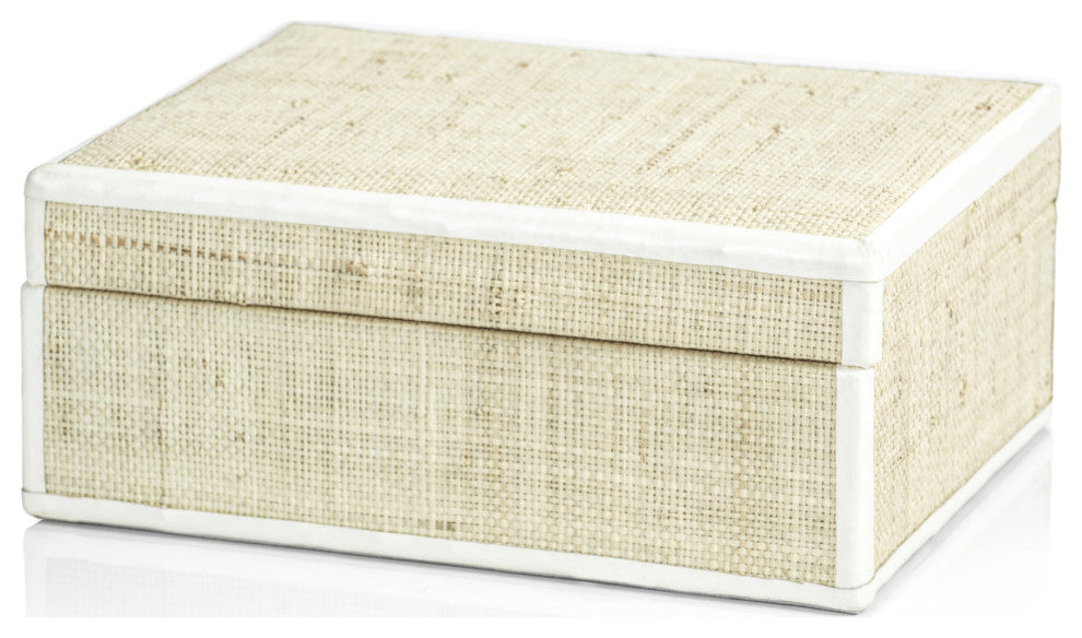 Reggio Natural Fiber Raffia Decorative Box, White Leather Trim, Small