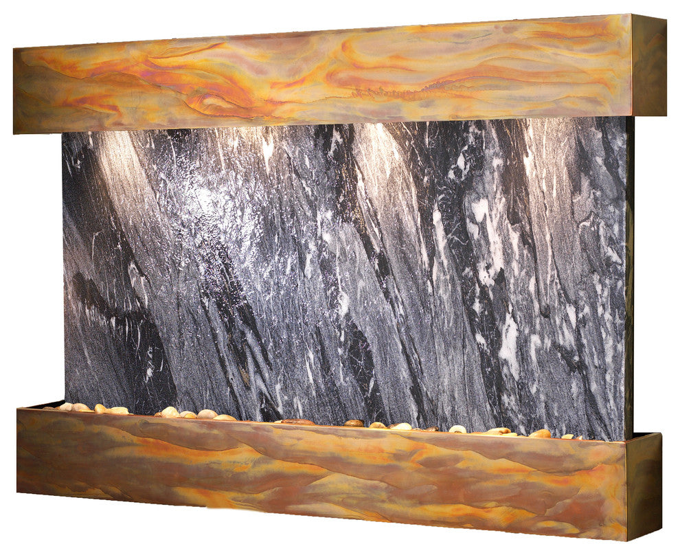 Sunrise Springs water fountain, Black Spider Marble, Rustic Copper, Square