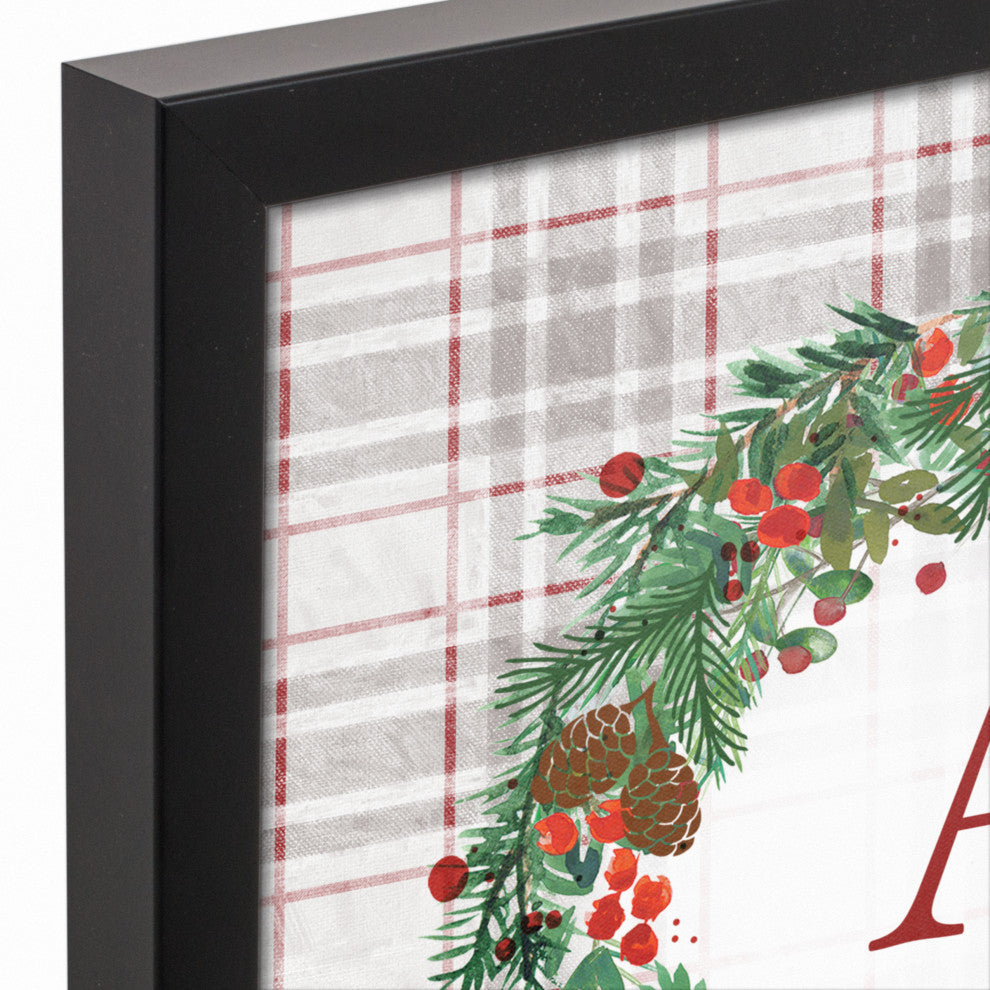 Holiday Gray Plaid Monogram Wreath A 12x12 Black Framed Canvas