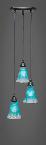 Europa 3-Light Cluster Pendalier, Matte Black/Teal Crystal