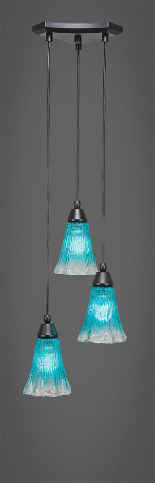 Europa 3-Light Cluster Pendalier, Matte Black/Teal Crystal