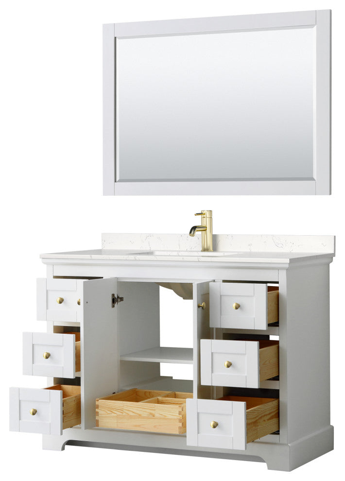 48" Single Vanity White, LV Carrara Cult. Marble Top, Sink, 46"Mirror, Gold Trim