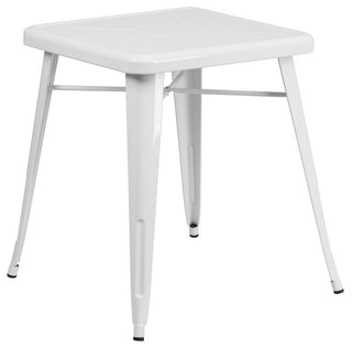 Commercial 23.75" Square White Metal Indoor-Outdoor Table Set, 2 Stack Chairs