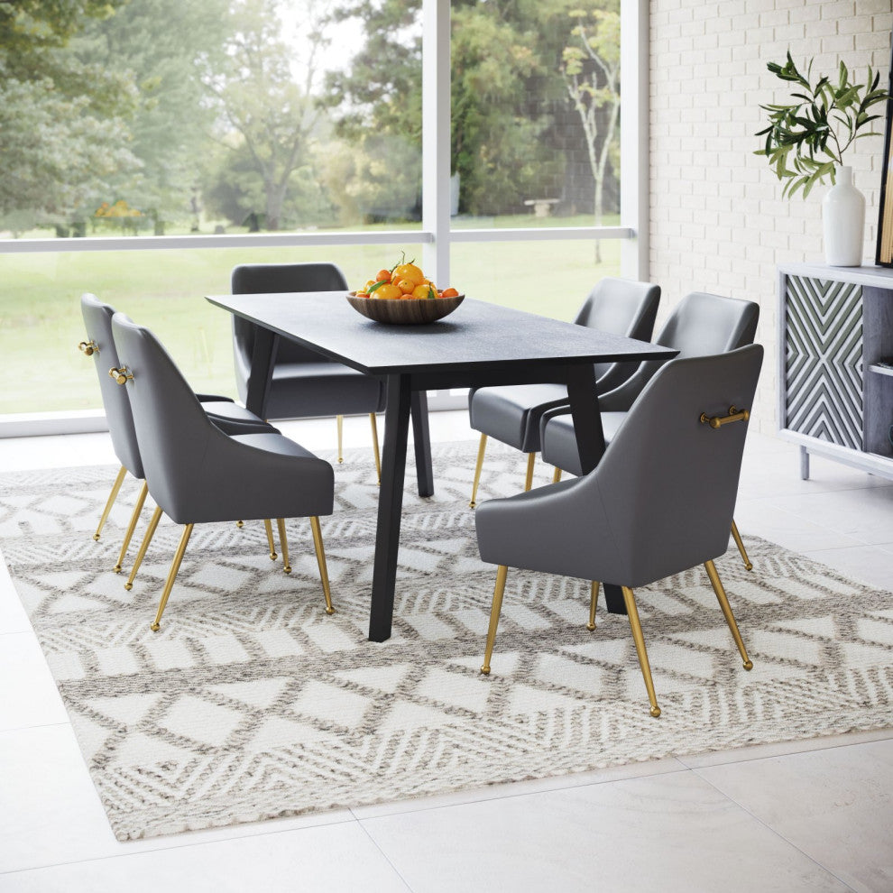 Dining Chair, Faux Vinyl Leather, Steel, Gray, Gold, Kitchen Cafe Bistro