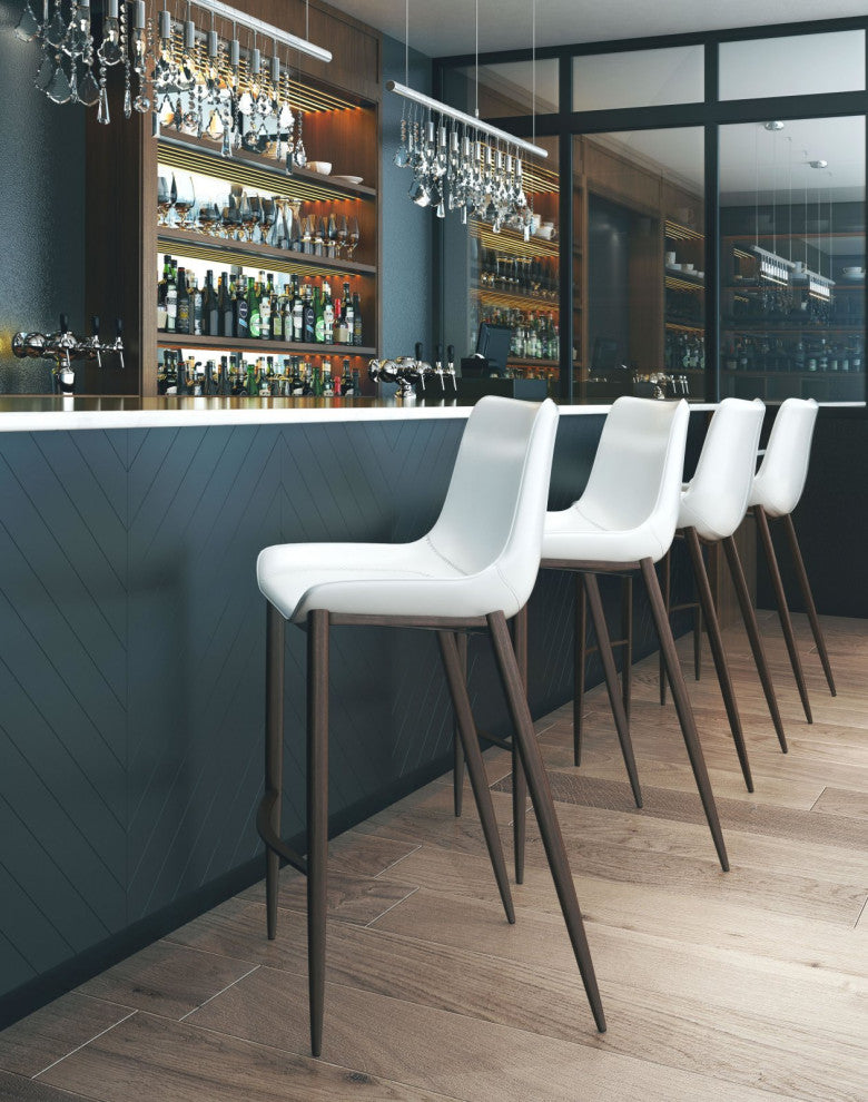 Bar Stool Chair Barstool, Set of 2, Faux Vinyl Leather, Steel, White, Walnut