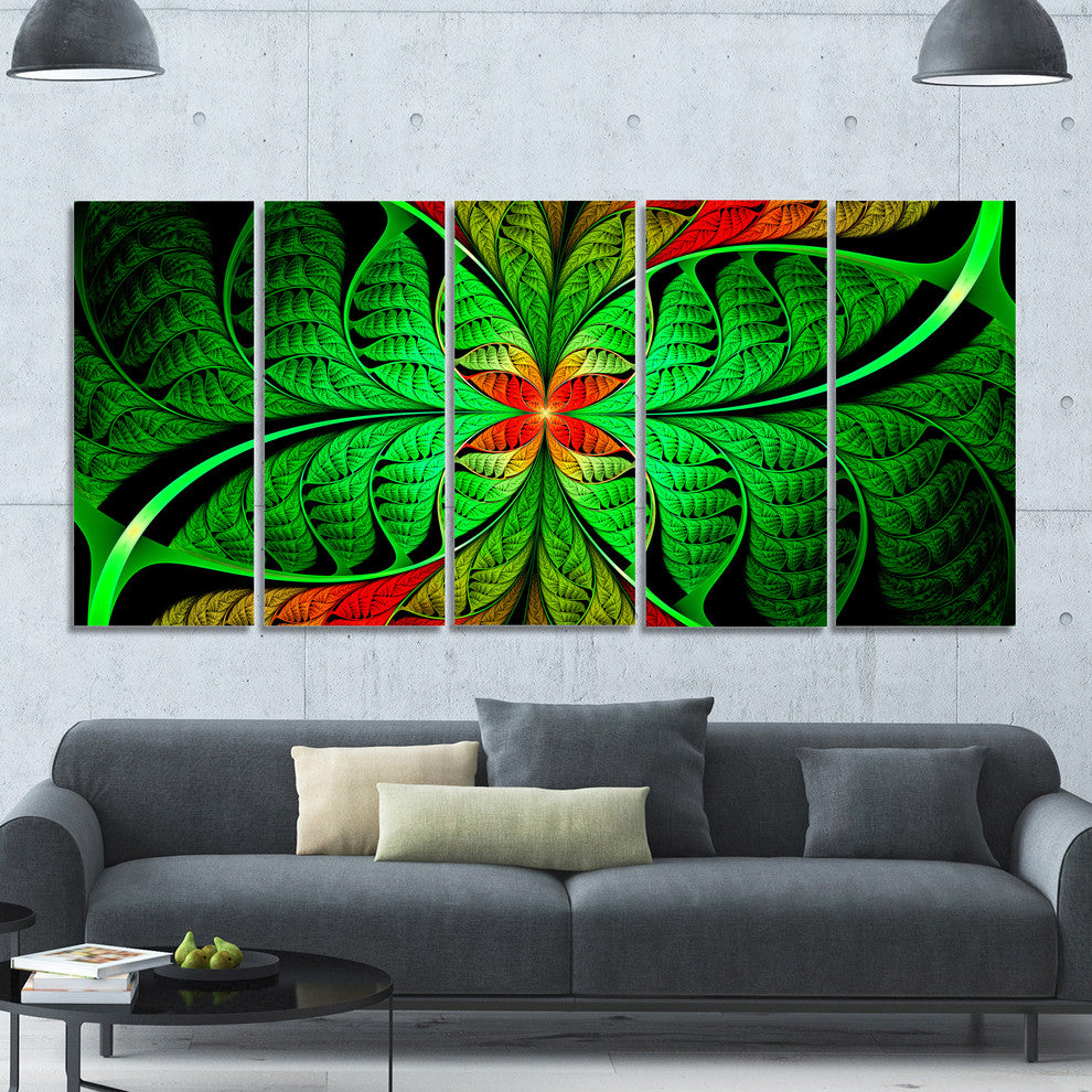 Fractal Green Leaf Design, Abstract Canvas Art Print, 60"x28", 5 Panels