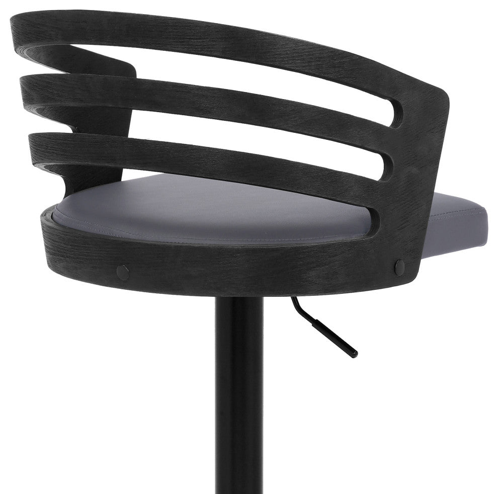 Adele Adjustable Height Swivel Gray Faux Leather and Black Wood Bar Stool