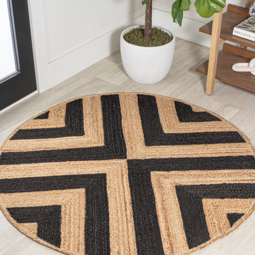 Piper Two-Tone Chevron Round Jute Round Area Rug, Black/Natural, 6' Round