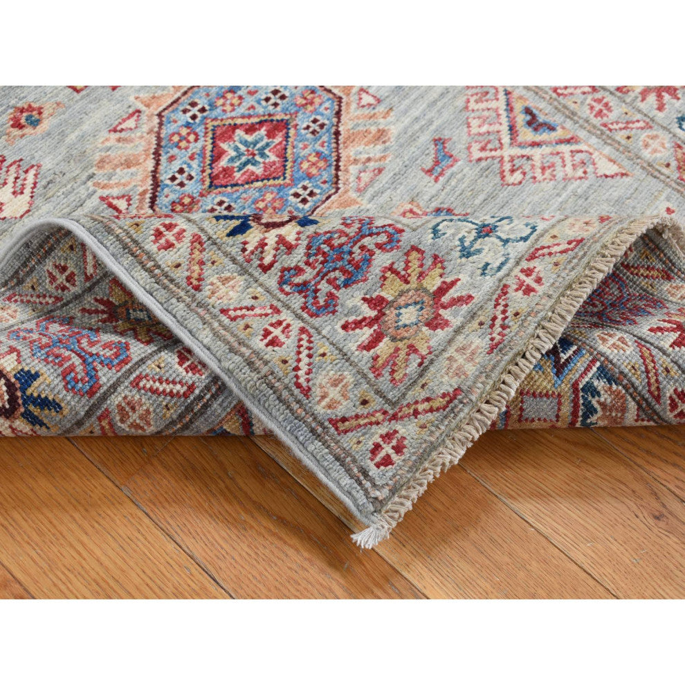 Light Gray Afghan Super Kazak Geometric Design Hand Knotted Wool Rug 2'10"x8'