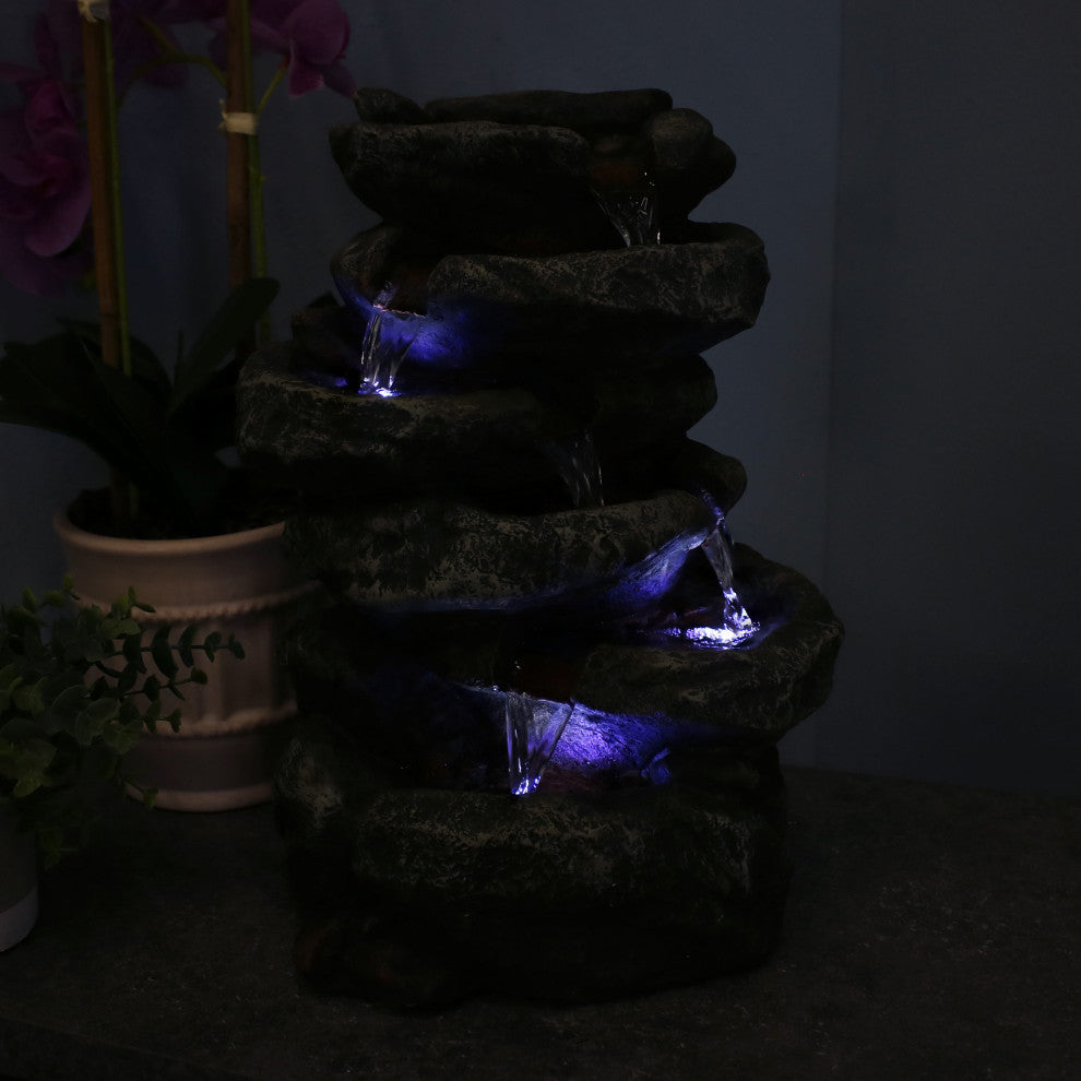 Sunnydaze 6 Tier Stone Falls Tabletop Indoor Water Fountain With LED, 15"