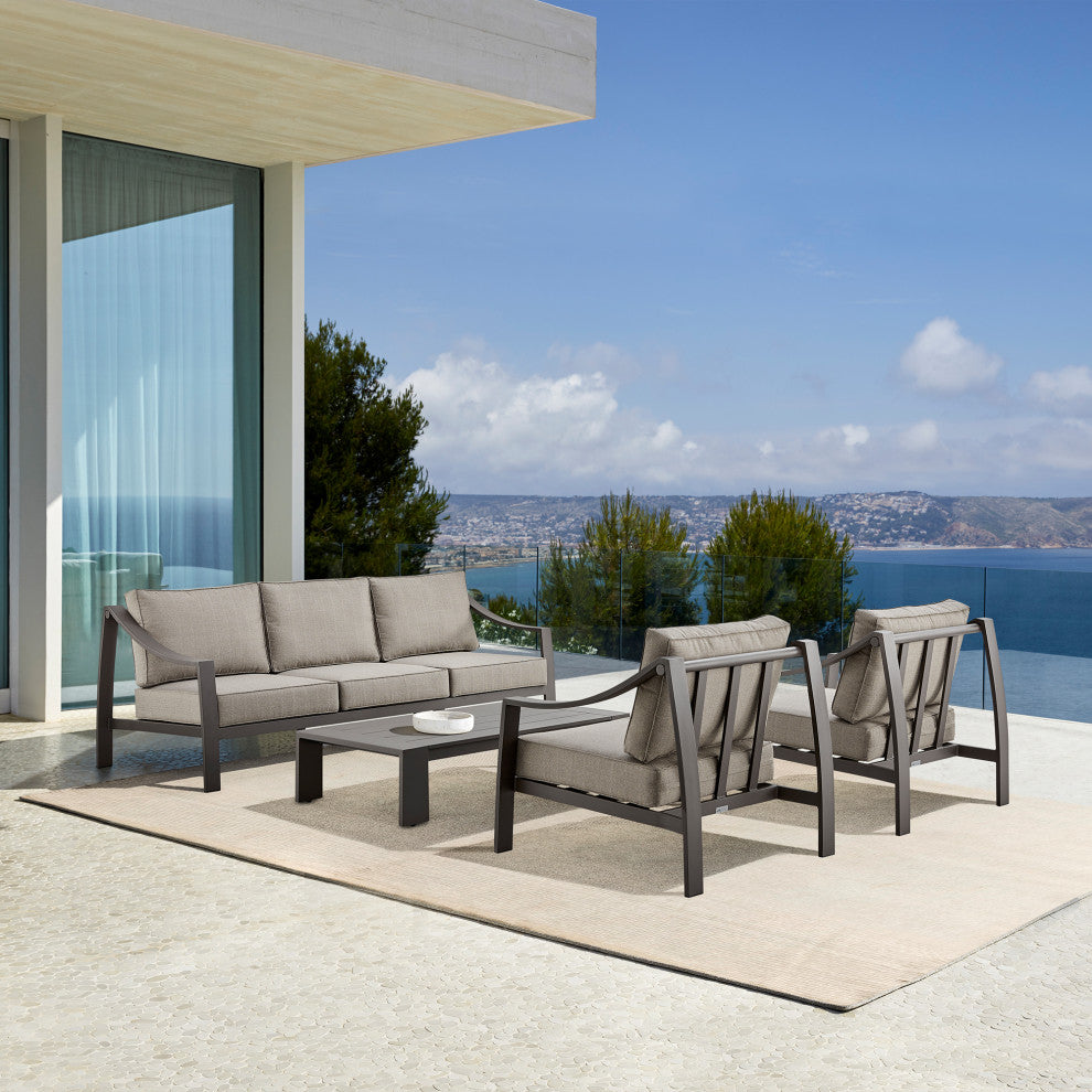 Mongo 4-Piece Outdoor Patio Furniture Set, Dark Brown Aluminum With Cushions, Brown