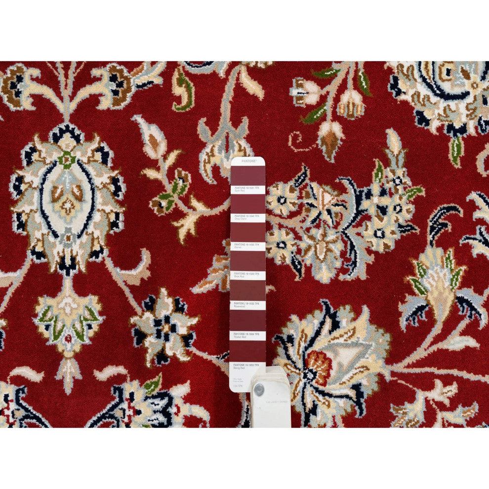 Cherry Red, Hand Knotted Nain, 250 KPSI Wool and Silk Round Rug, 9'1"x9'1"