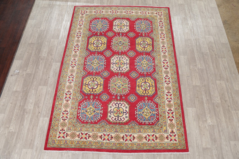 Traditional Oriental Hand-Knotted Pakistani Kazak Area Rug Bordered, 7 X 10 Ft.