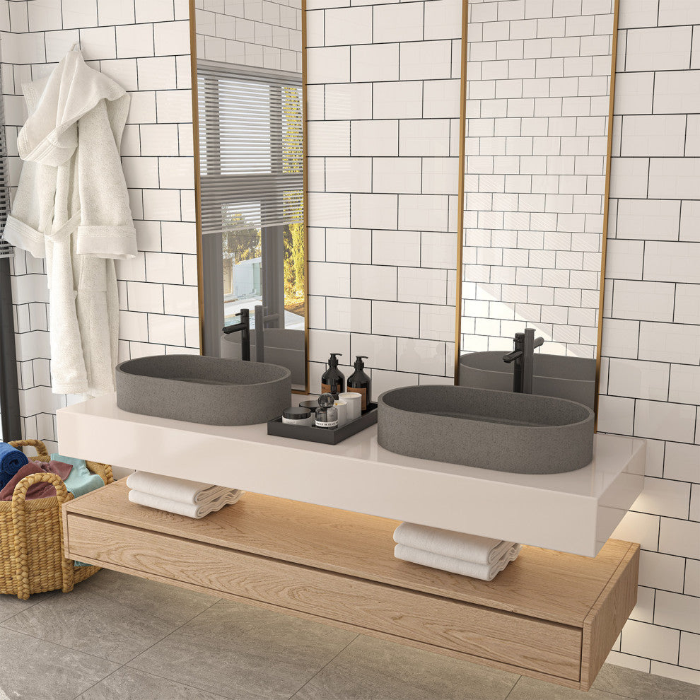 23in Bathroom Concrete Oval Vessel Sink with Drainer, Mottled Bluish Grey