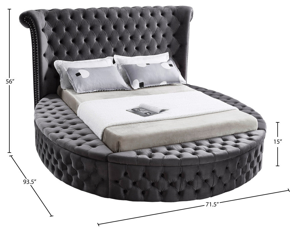 Luxus Button Tufted Velvet Round Bed, Gray, Twin