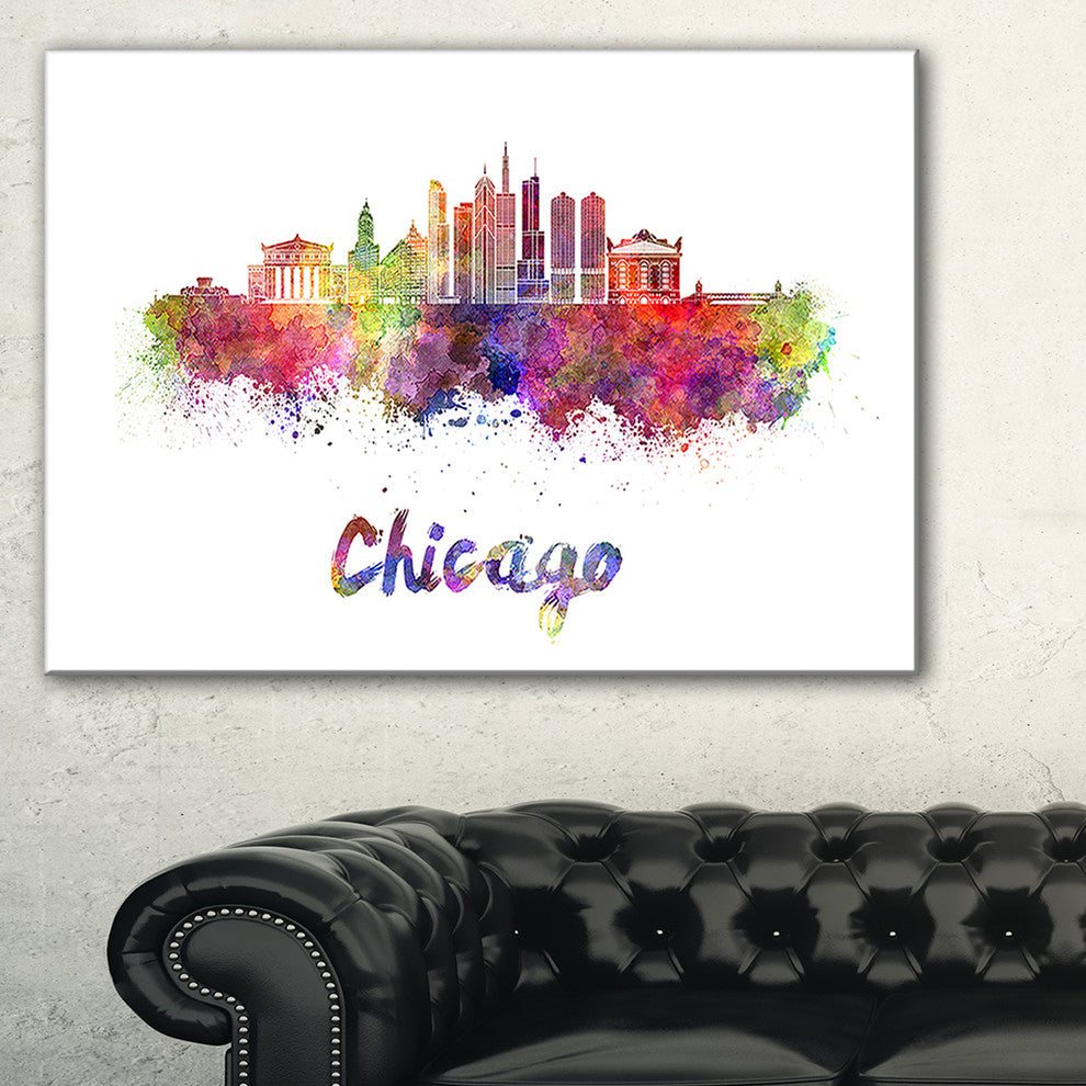 "Colorful Chicago Skyline in Watercolor" Wall Art, 40"x20"
