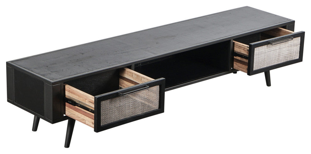 Rustic Black and Rattan TV Stand With Two Drawers