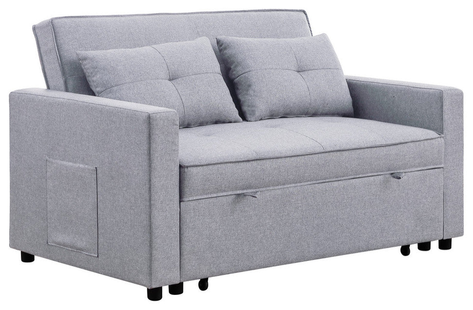 Zoey Linen Convertible Sleeper Loveseat With Side Pocket, Light Gray