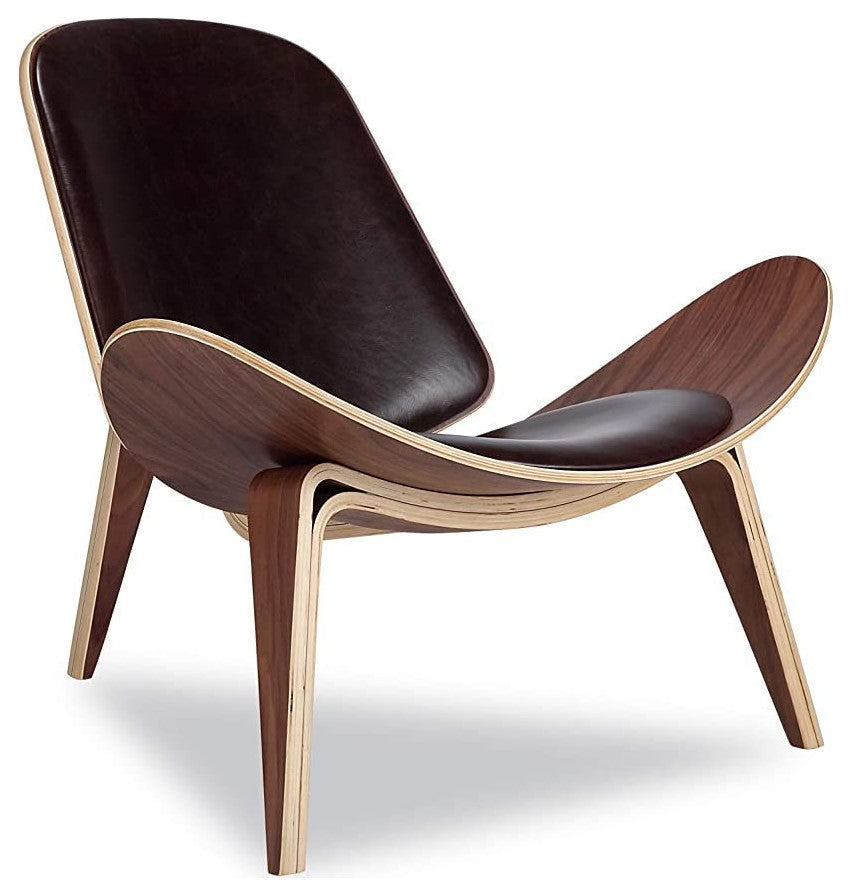 Constance Shell Chair in Walnut Finish With Italian Genuine Black Leather