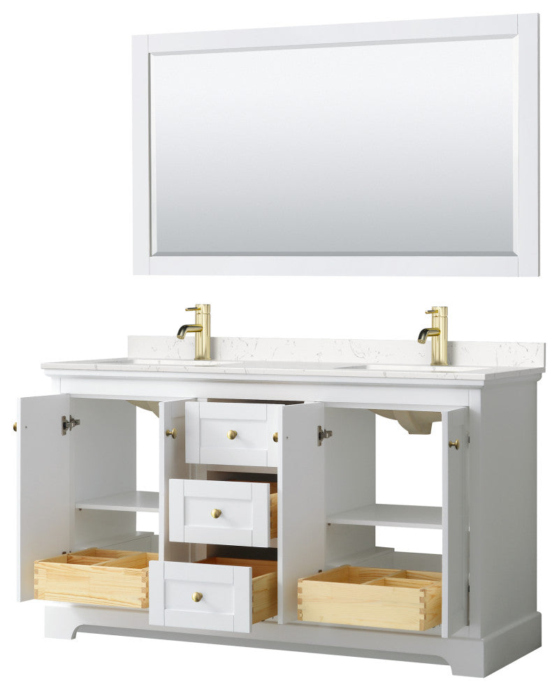 60"DBL Vanity White, Light-Vein Carrara Cult. Top, Sinks, 58"Mirror, Gold Trim