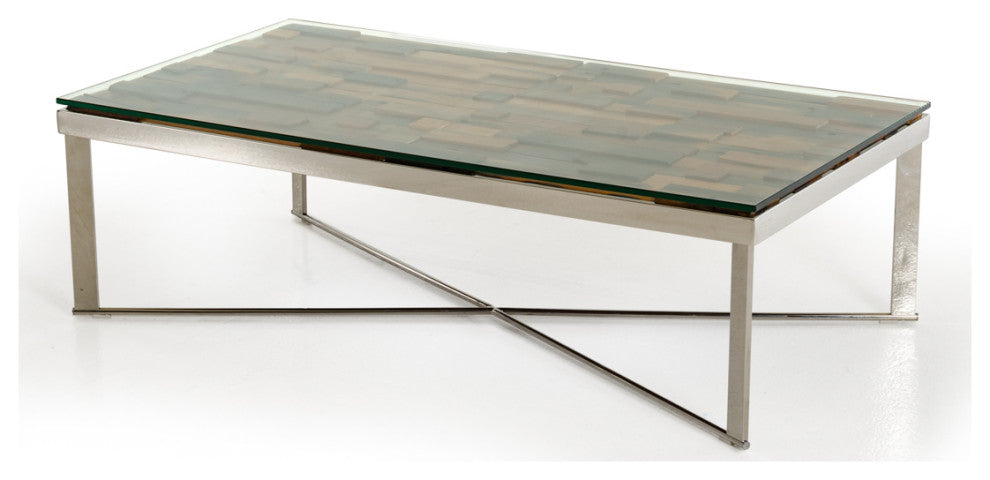 HomeRoots 14" Mosaic Wood Glass and Steel Coffee Table