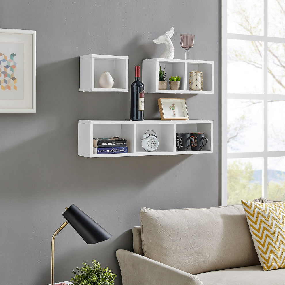 Danya B. Bauhaus Floating Geometric Cubby Wall Shelves Set of 3 Sizes, White