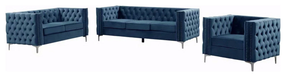 Rebekah 3 Piece Velvet Living Room Set, Gery, Navy Blue, 19''Hx70''Wx24'' D