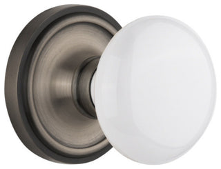 Classic Rosette Passage White Porcelain Knob, Antique Pewter