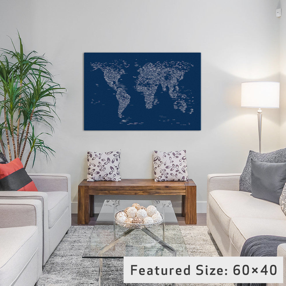 "Font World Map, Blue" Wrapped Canvas Art Print, 18x12x1.5