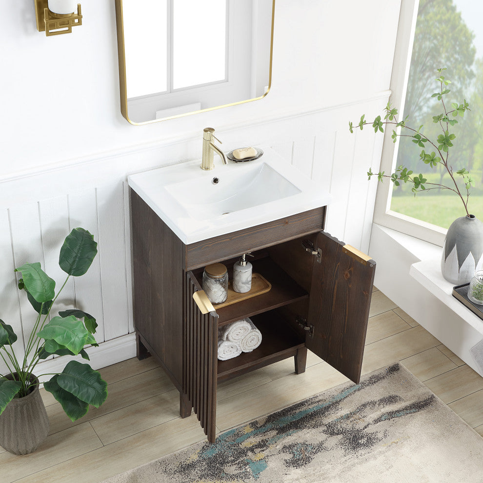 Palos Bathroom Vanity, Spruce Aged Brown, 24", Ceramic Top, No Mirror