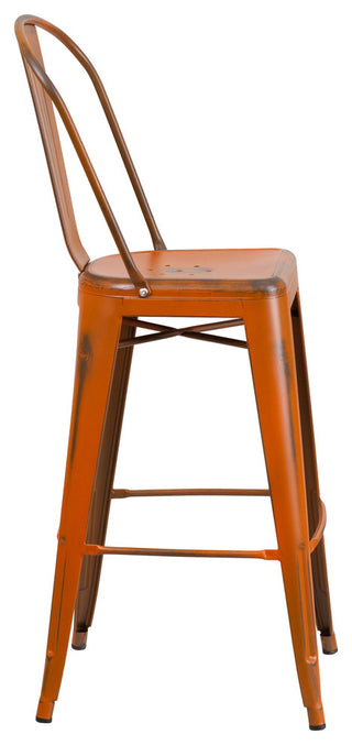 Commercial Grade 30"High Distressed Orange Metal Indoor-Outdoor Barstool, Back