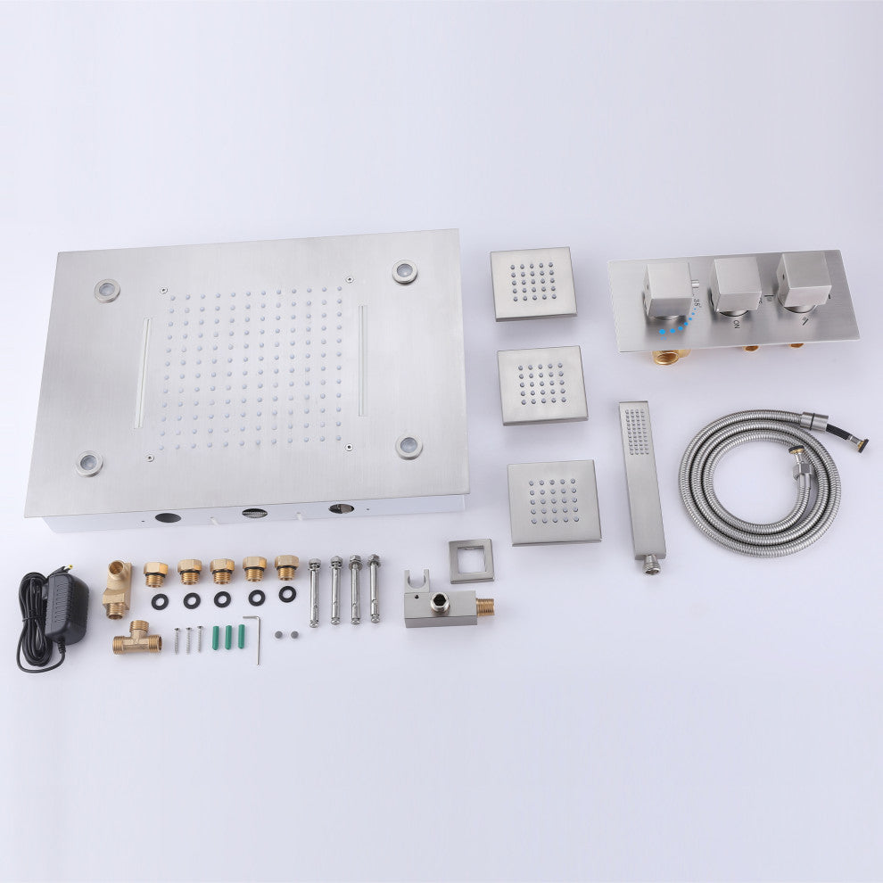 Thermostatic Shower System With Multi Function LED Shower Head, Brushed Nickel
