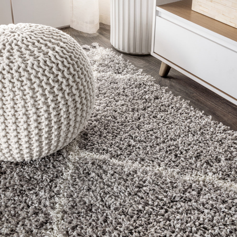 Mercer Shag Plush Tassel Moroccan Geometric Trellis Area Rug, Grey/Cream, 8 X 10