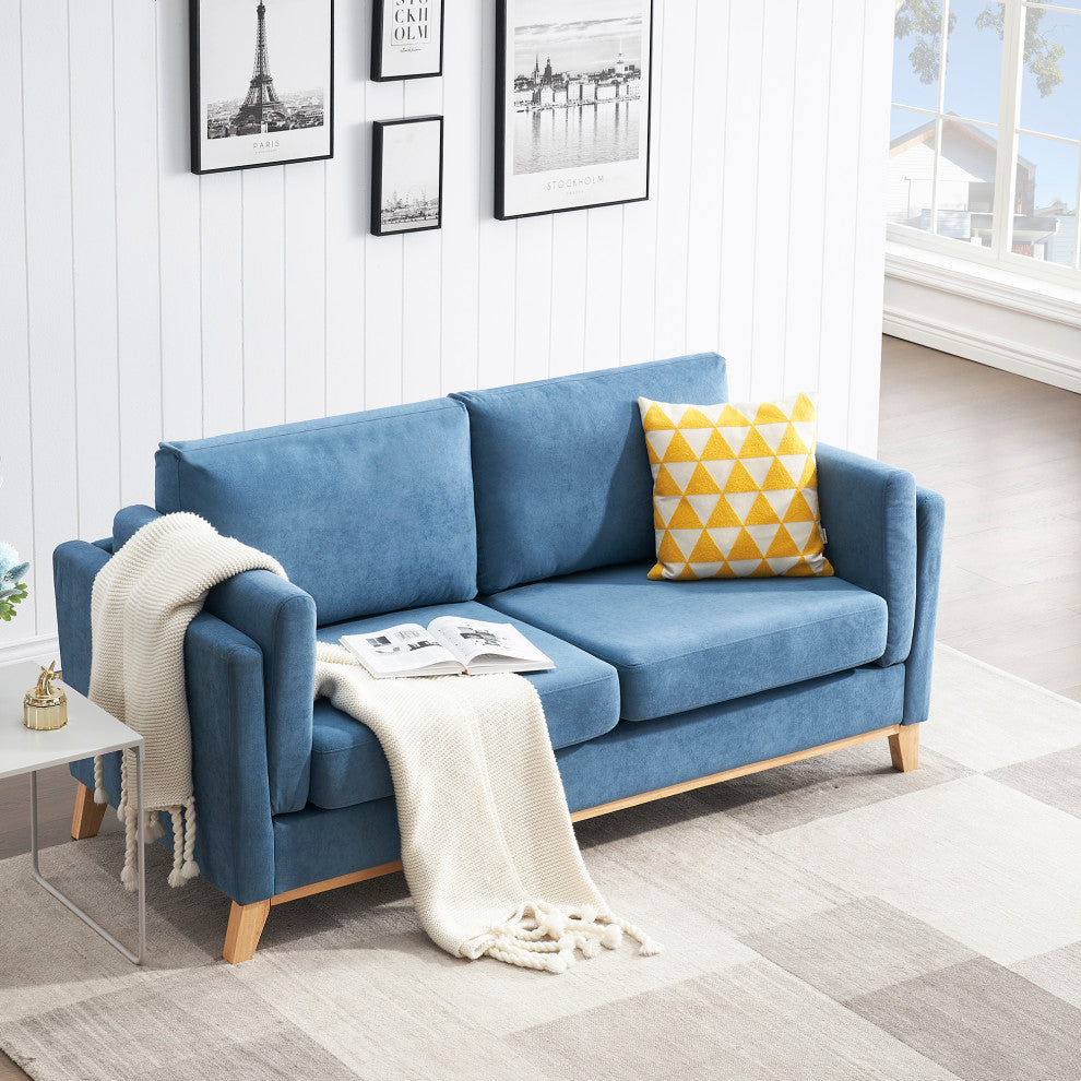 73" Chenille Fabric Tuxedo Arm Loveseat with Cushion, Blue, 73"