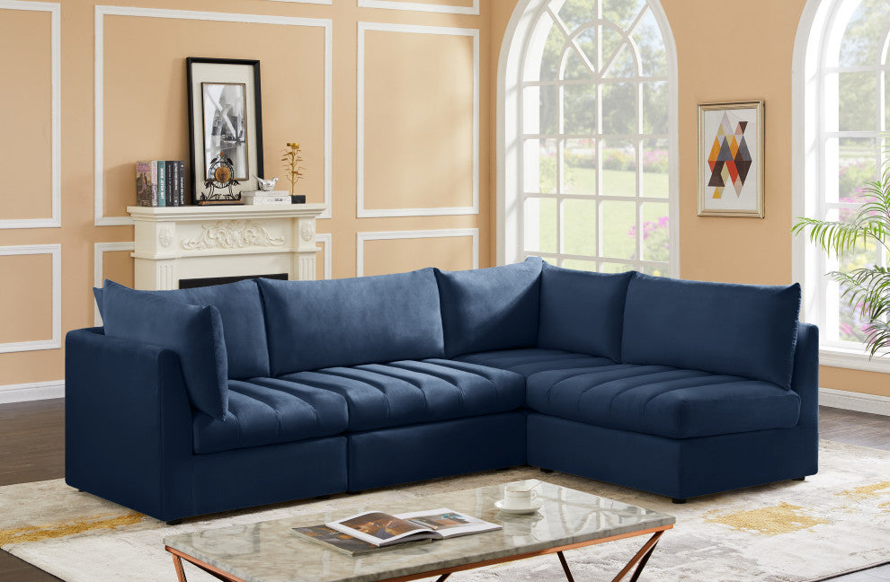Jacob Velvet Upholstered 4-Piece L-Shaped Modular Sectional, Navy