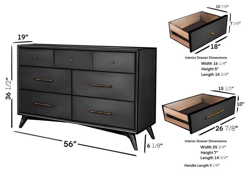 Flynn Mid Century Modern 7 Drawer Dresser, Black