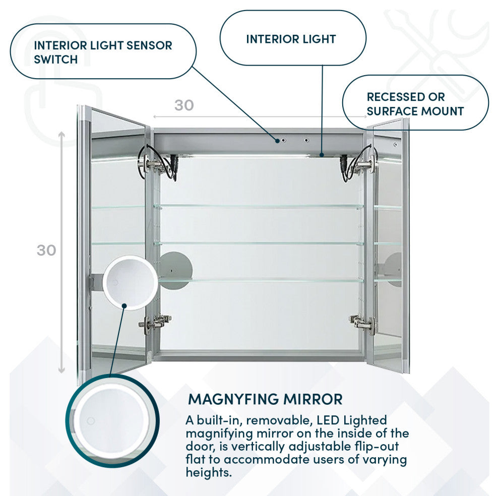 Signature Royale 30" LED Medicine Cabinet Defogger, Adjustable Magnifying Mirror