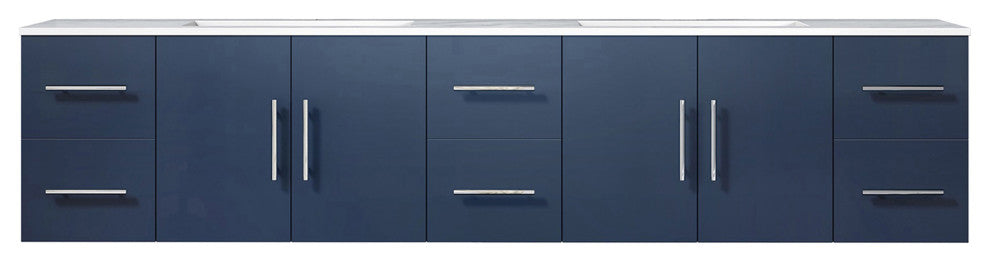 Geneva 84 Navy Blue DB Vanity, White Carrara Marble Top, Square Sinks, no Mirror