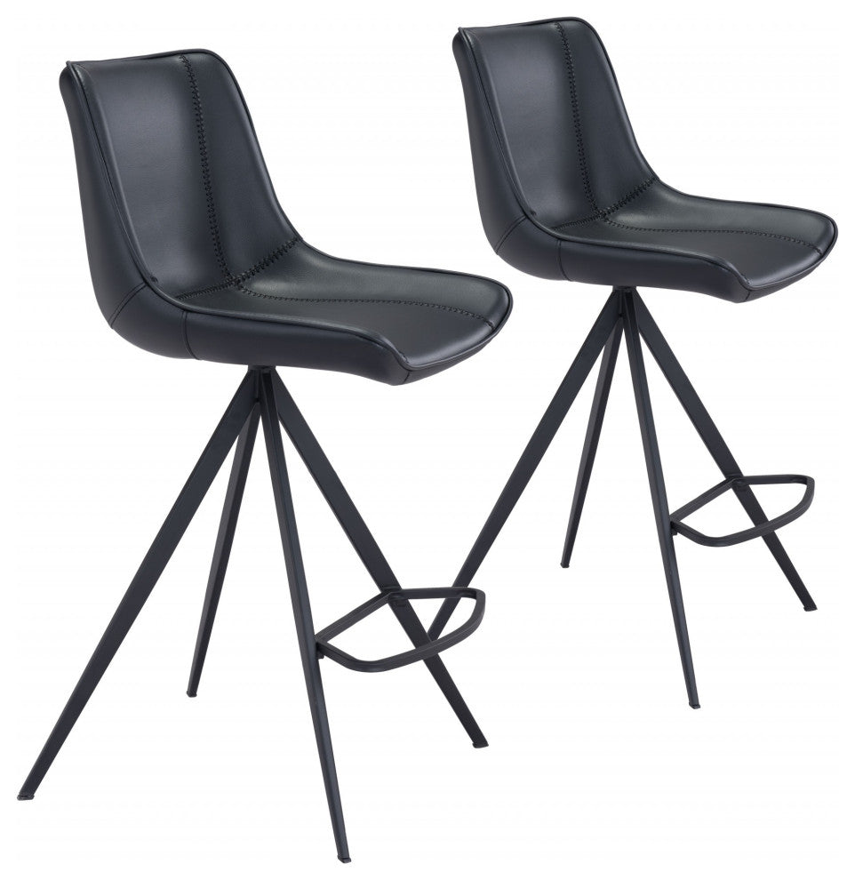 Set of Two Black on Black Faux Leather Triangle Base Counter Chairs
