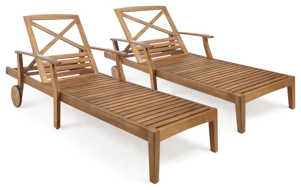 GDF Studio Thalia Outdoor Teak Finished Acacia Wood Chaise Lounge, Set of 2
