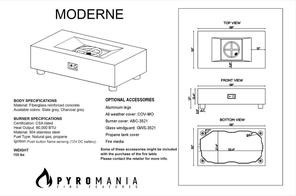 Pyromania Moderne Concrete Fire Table, 58"x32", Charcoal, Propane