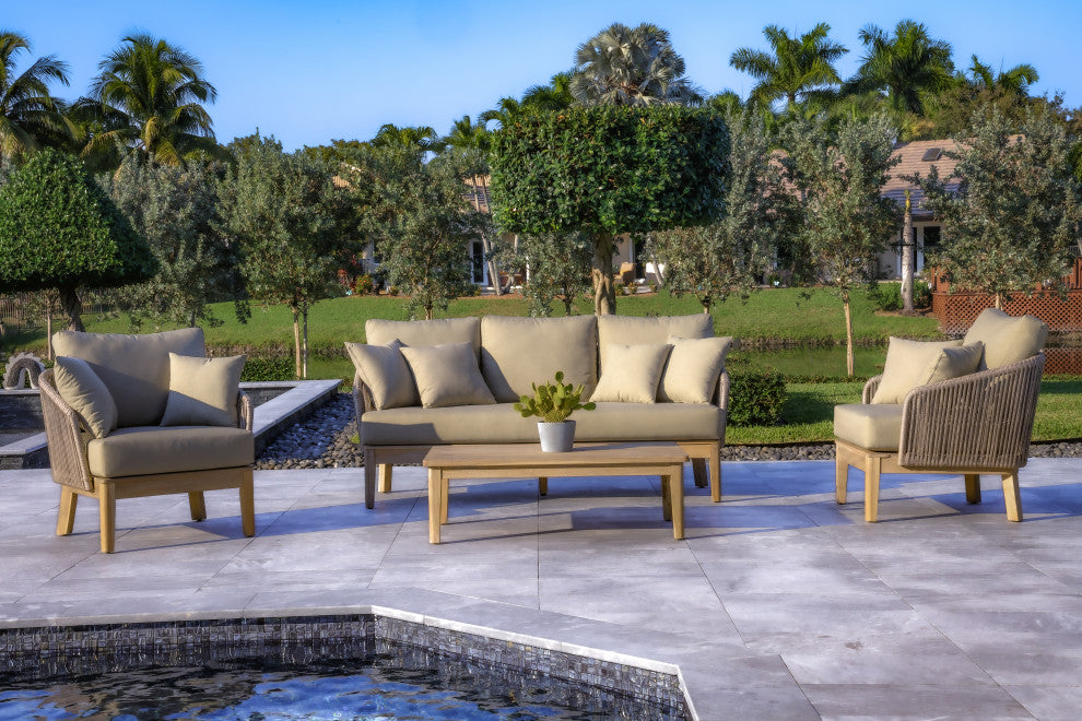 Eve 4-Piece Patio and Backyard Wood, Aluminum and Rope Conversation Set, Gray