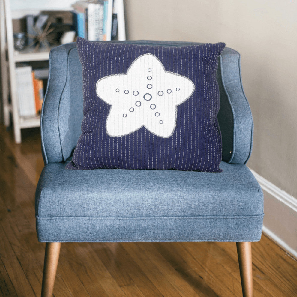 Nautical White Star Blue Square Accent Pillow