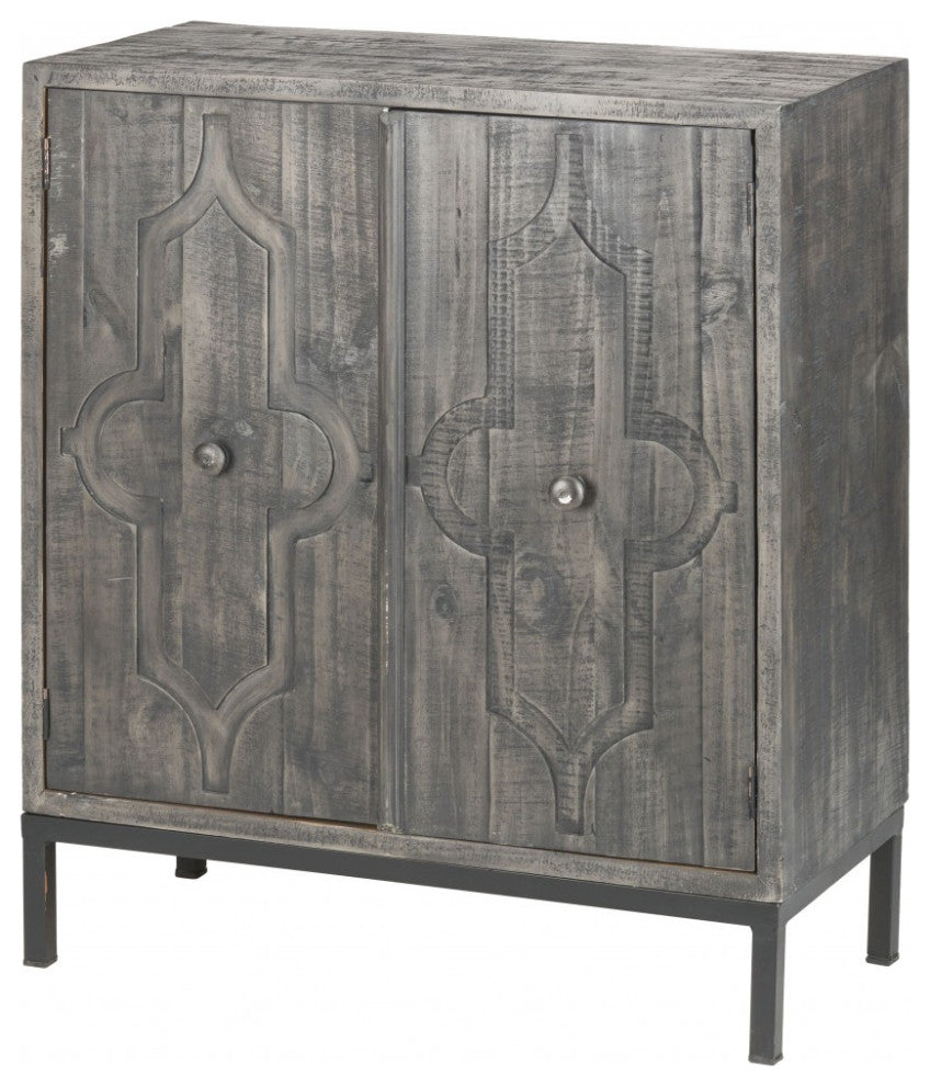 Rustic Gray Wash Scroll Wood Two Door Accent Cabinet