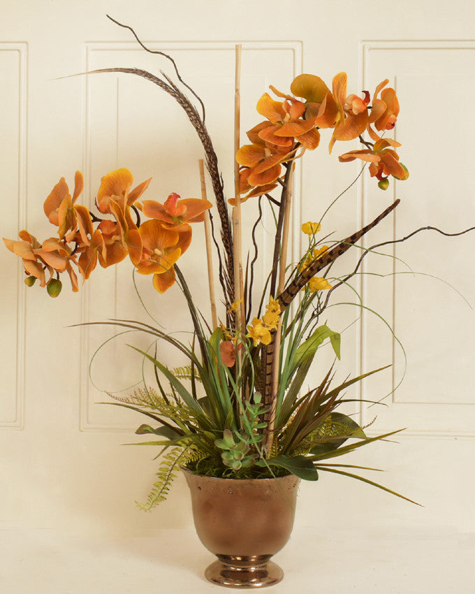 Copper Orchids With Feathers and Grasses