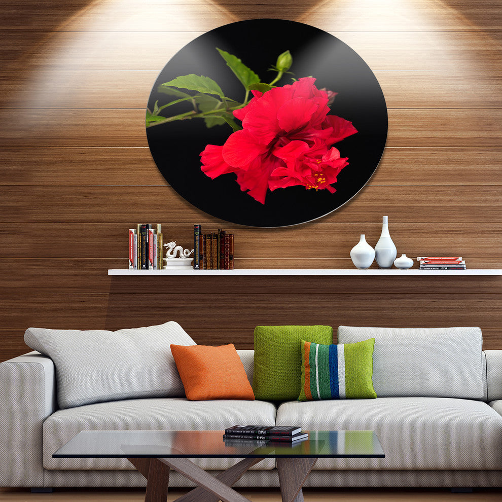 Bright Red Hibiscus On Black, Flower Disc Metal Wall Art, 38"