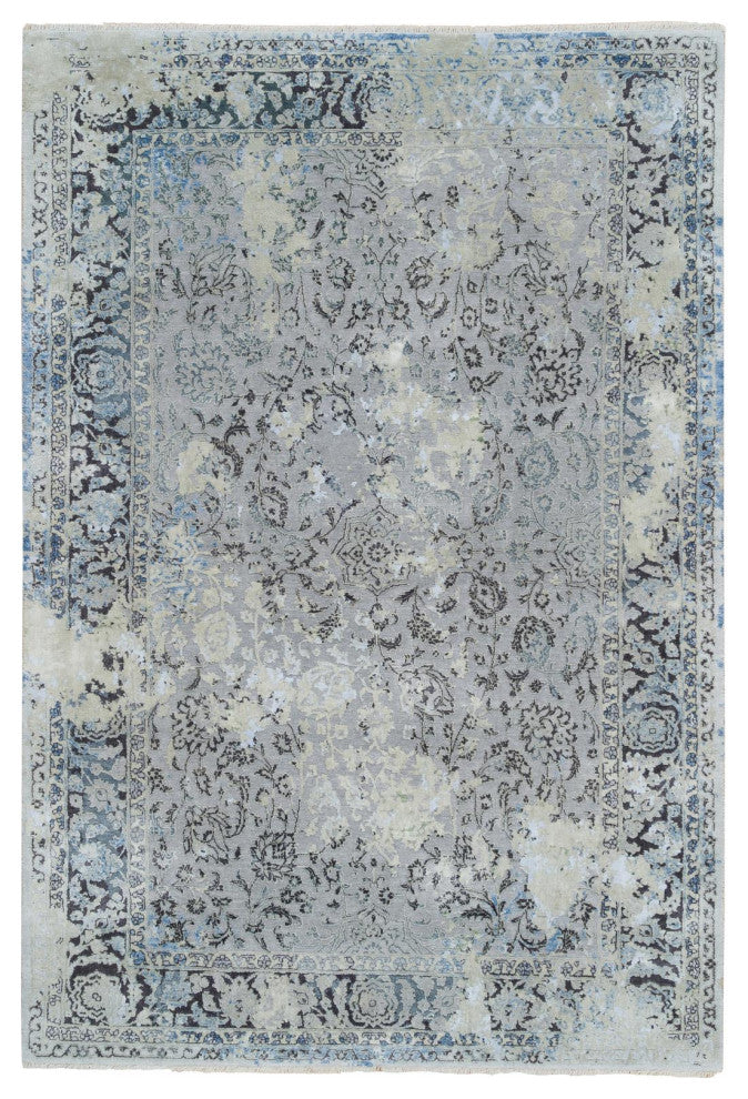 Light Gray Pure Silk With Wool Hand Knotted Broken Kashan Design Rug, 6'0"x9'0"